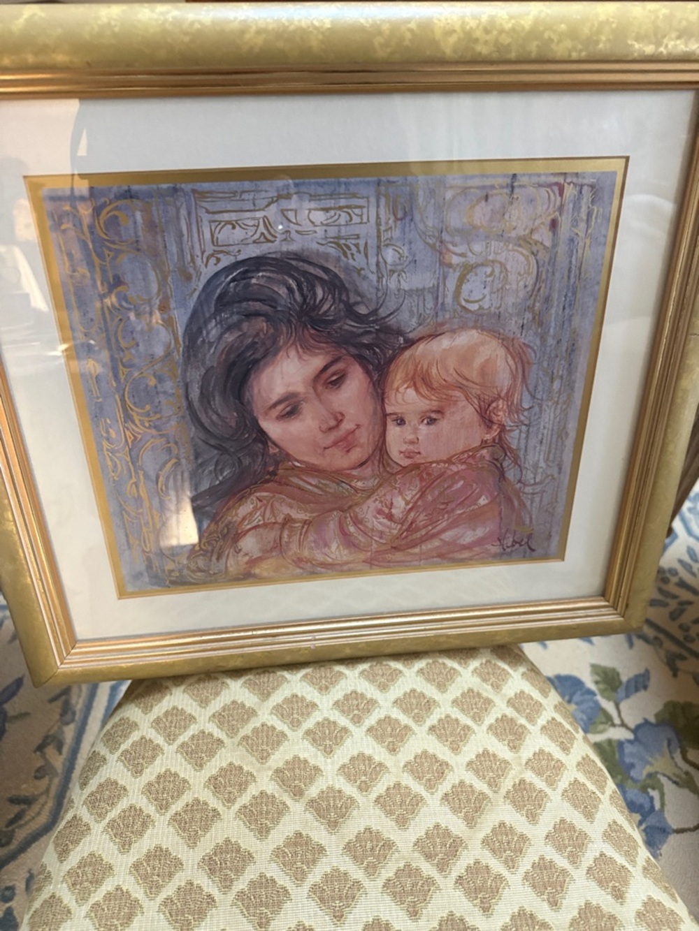 Framed Mother and Child Art Print in Gold and Pastel Tones